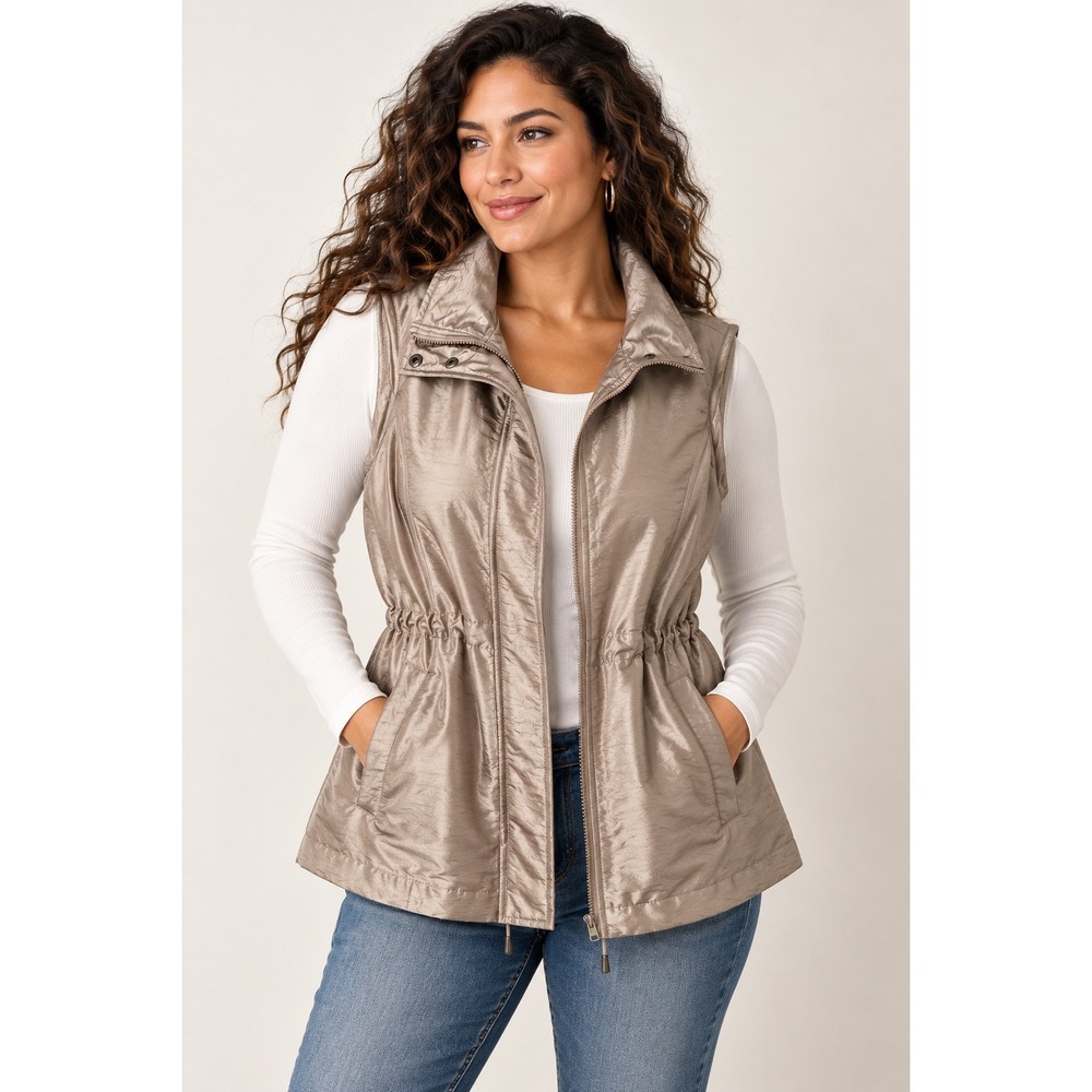 Coldwater Creek Taupe Metallic Cinched Waist Vest Shimmer Utility Aesthetic
